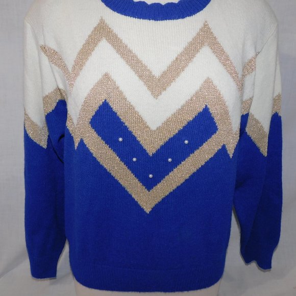 VTG 80s TanJay Womens M Blue White Gold Scalloped Neck Sweater Goldberg style - Picture 5 of 9